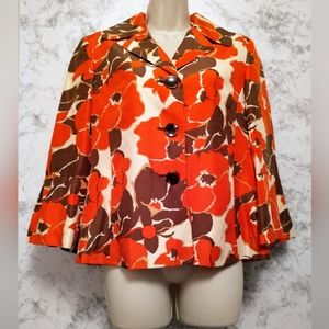 Kasper Women's Jacket Blazer Brown Orange Floral Silk Lined Size 8 Bell Sleeve